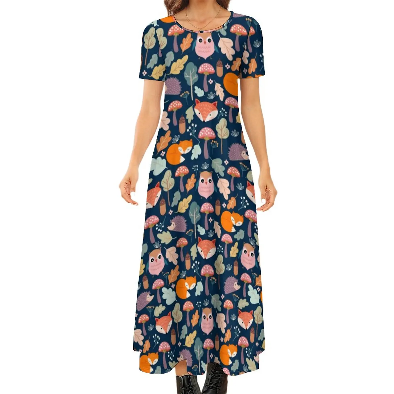 

Женское винтажное платье-макси с коротким рукавом и принтом лисы