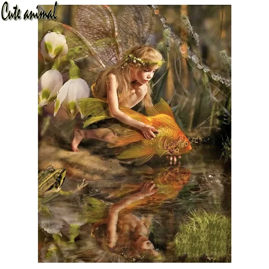 

Алмазная вышивка Elf Girl Fish DIY 5D, алмазная живопись, ангел, лес, пейзаж, вышивка крестиком, полный комплект, украшение для стены