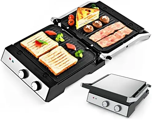 

Indoor Grill & Panini Press, 8-Serving, Nonstick Removable Plate, Temp & Time Adjustable, Indoor Table Aluminum Grill w