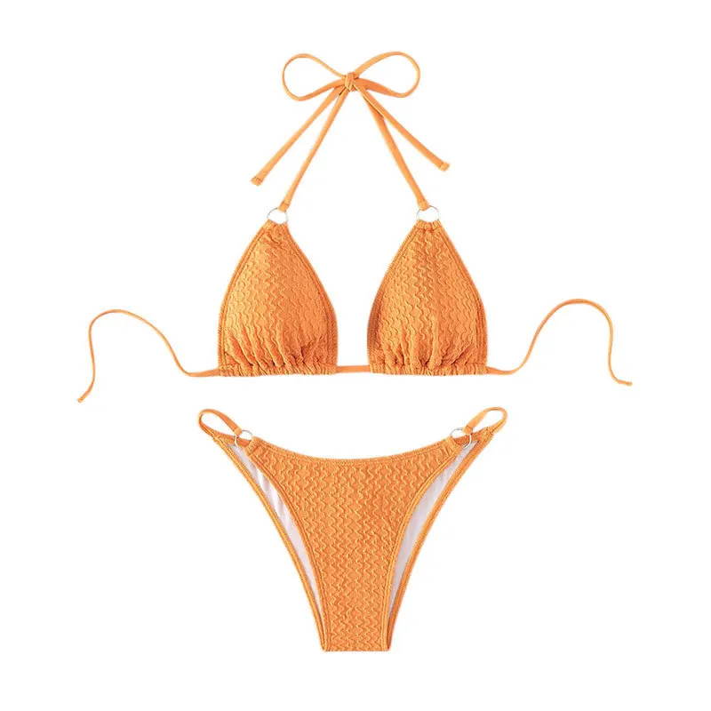 

Новый сексуальный Однотонный женский комплект бикини, купальный костюм с лямкой на шее, пляжная одежда с разрезом и открытой спиной, купальник из 2 предметов, купальник с плиссированной текстурой