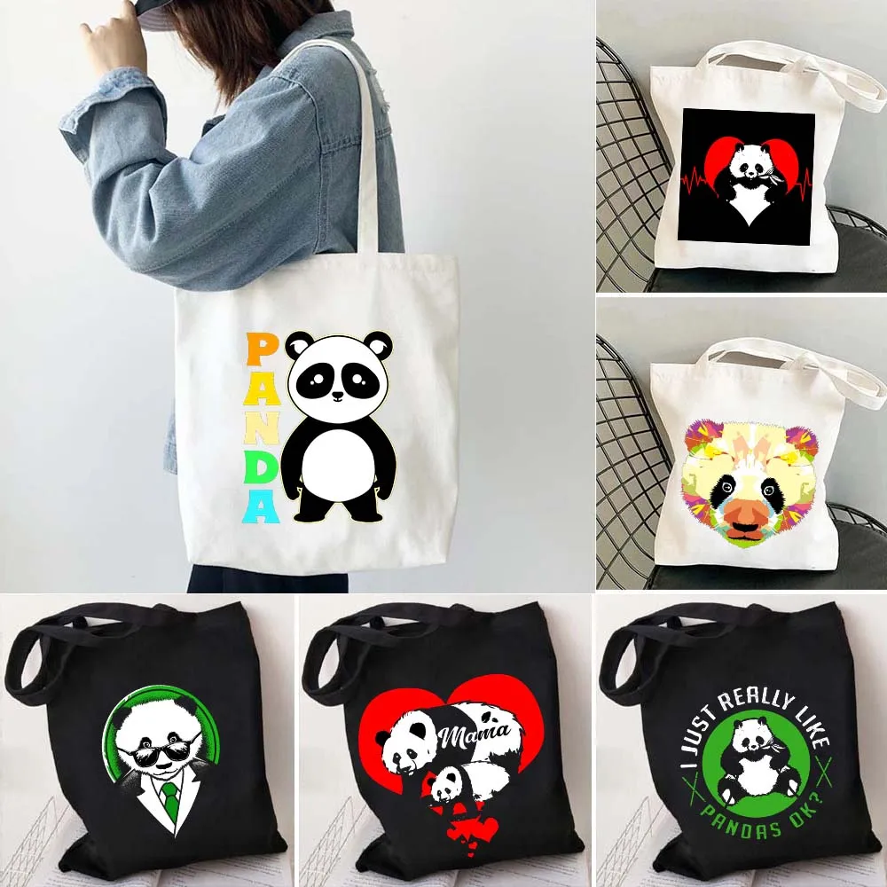 

Colorful Panda Face Cute Family Pocket Baby Bamboo Bear Heartbeat Sunglasses Canvas Shoulder Tote Bag Shopper Cotton Eco Handbag