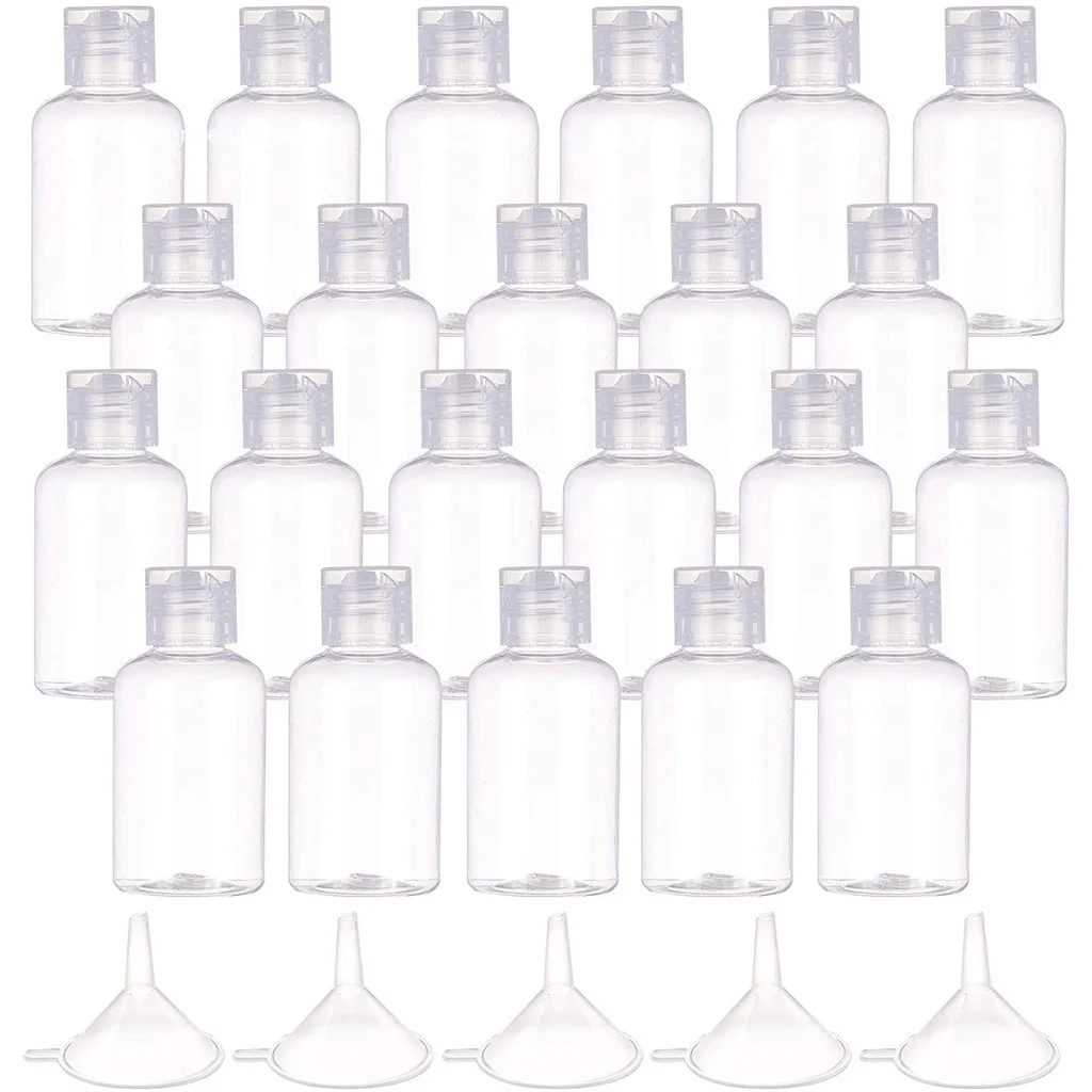 

24 Pack 50m Plastic Flip Top Bottles Empty Squeeze Bottles Clear Travel Refillable Containers with 10 Plastic Funnel Hopper