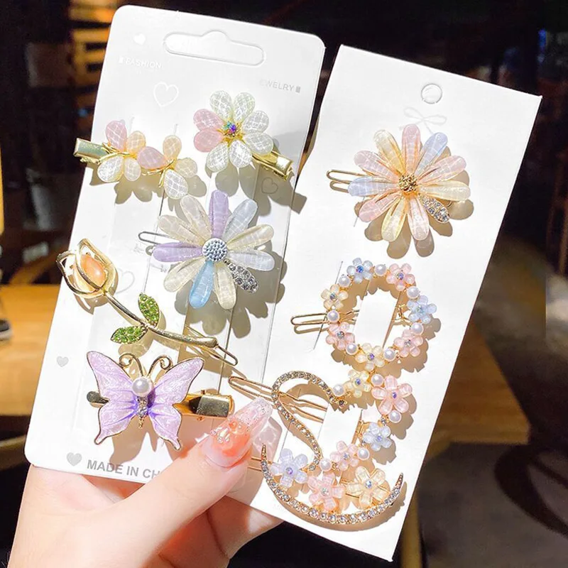 

Милые Красочные шпильки для волос с искусственным жемчугом, блестящие цветочные зажимы для волос в форме сердца, боковые заколки для девочек, милые аксессуары для волос