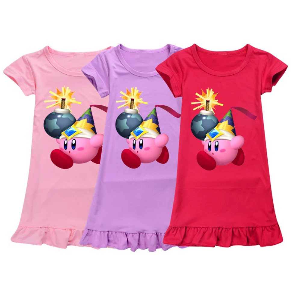 

Girls Kirbying Nightgown Ice Silk Pajamas Kids Nightdress Cartoon Baby Cute Multi Color Summer Sleeping Dress Casual Homewear