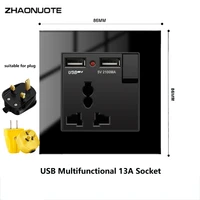 black tempered glass panel international multi function socket wall light push button switch 13a uk outlet