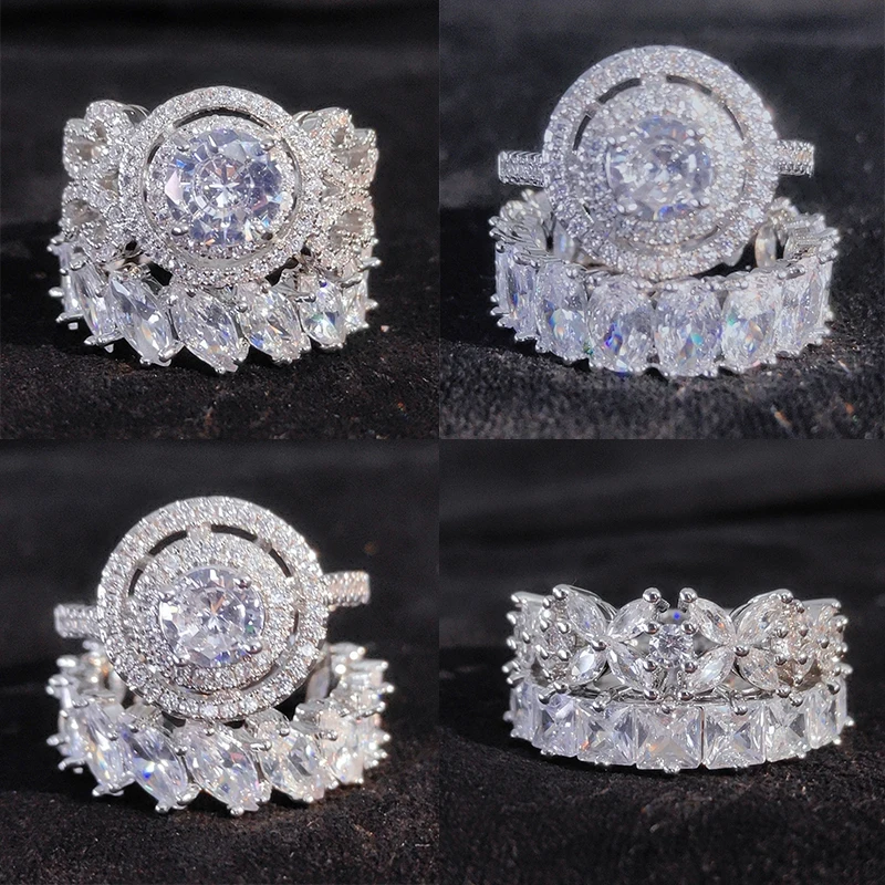 

Uilz 2022 New Luxury Silver Color Luxury Big Wedding CZ Rings Set for Bridal Women Engagement Finger Party Gift Quality Jewelry