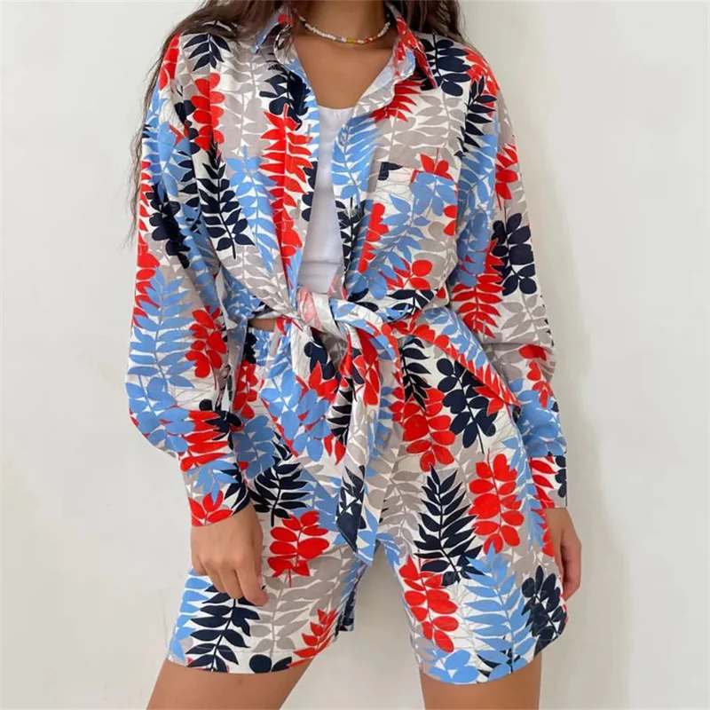 Hirigin женские шорты из 2 предметов рубашки с длинными рукавами и принтом