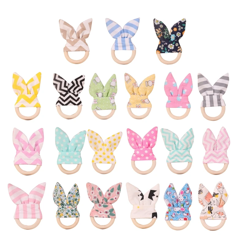 

Baby Wooden Teether Toy Hand Grab Ring w/ Cartoon Bunny Ears Crib Rattle Teething Toy Early Learning Toy for Infant 4M+