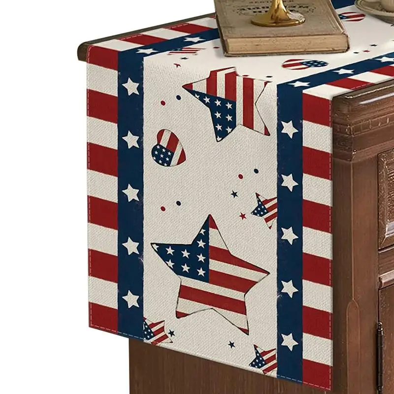 4th Of July Table Runner American Flag Linen Dresser Scarf Cloth Runners For Independence Day Holiday Kitchen Table Family Party