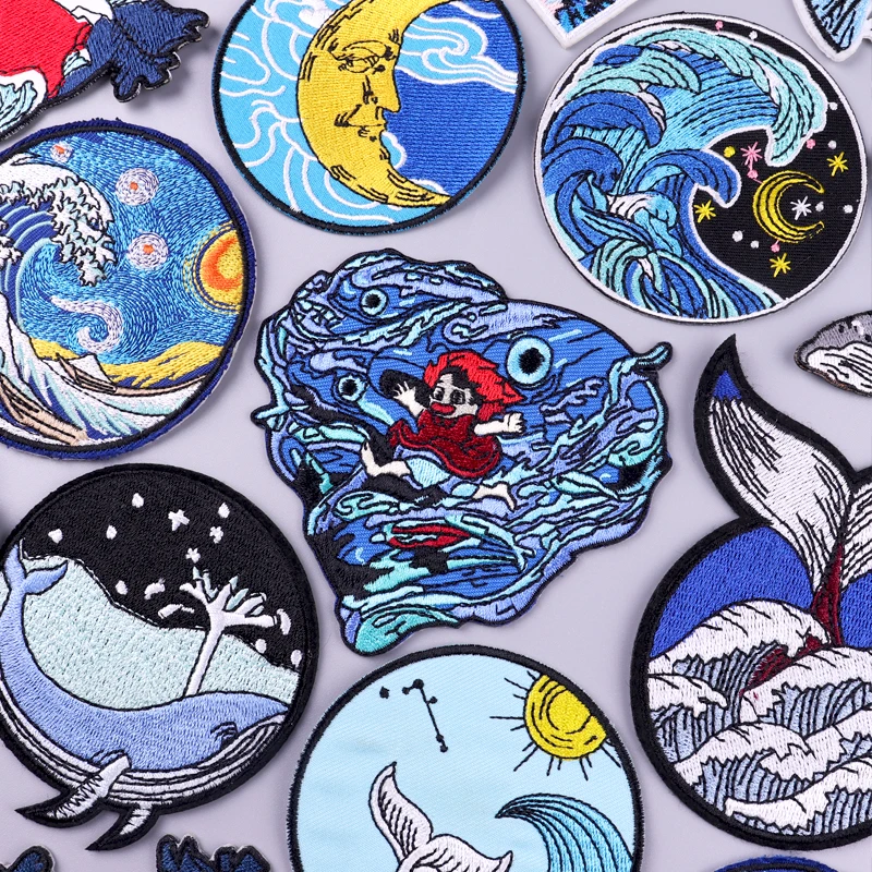 

Japan Anime Patch Iron On Patches On Clothes Kanagawa Waves Embroidered Patches For Clothing Van Gogh Patch For Clothes Stickers