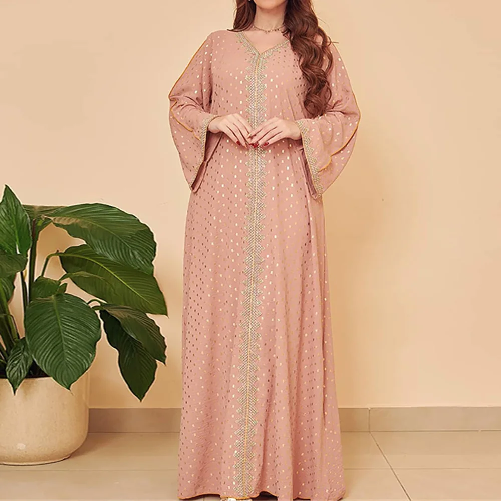 

2022 New Dress for Women Elegant Ethnic Embroidery Gilding Jalabiya Muslim Dubai Arabic Moroccan Kaftan Robe Female Clothing