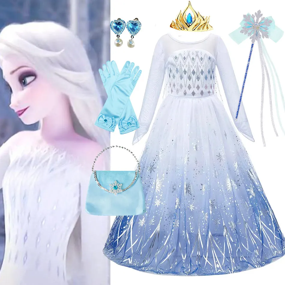 4 6 8 10 Yrs Kid Elsa Role Play Christmas Dress Festival Frozen Snow Queen Disney Princess Clothing Frock Girls B-day Party Gown