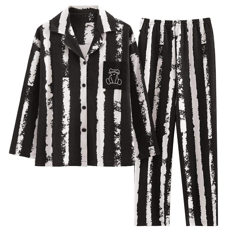 

Plus Size Women's Pajamas Set Stripes Print Contrast Piping Button Front Long Pants Leisure Homewear Sleepwear Lougewear