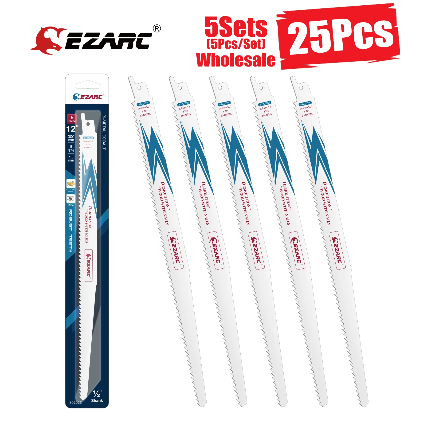 

EZARC 5Sets(25Pcs) Wood Demolition Reciprocating Saw Blade Bi-Metal Cobalt Sabre Saw Blades for Wood Cutting 6TPI 150/225/300mm