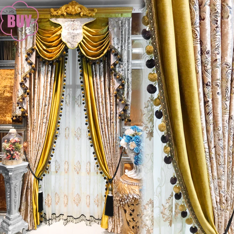 

New Golden Coffee Colored Flannelette Embroidered Patched Curtains for Living Room Bedroom French Window Window Screen Valance