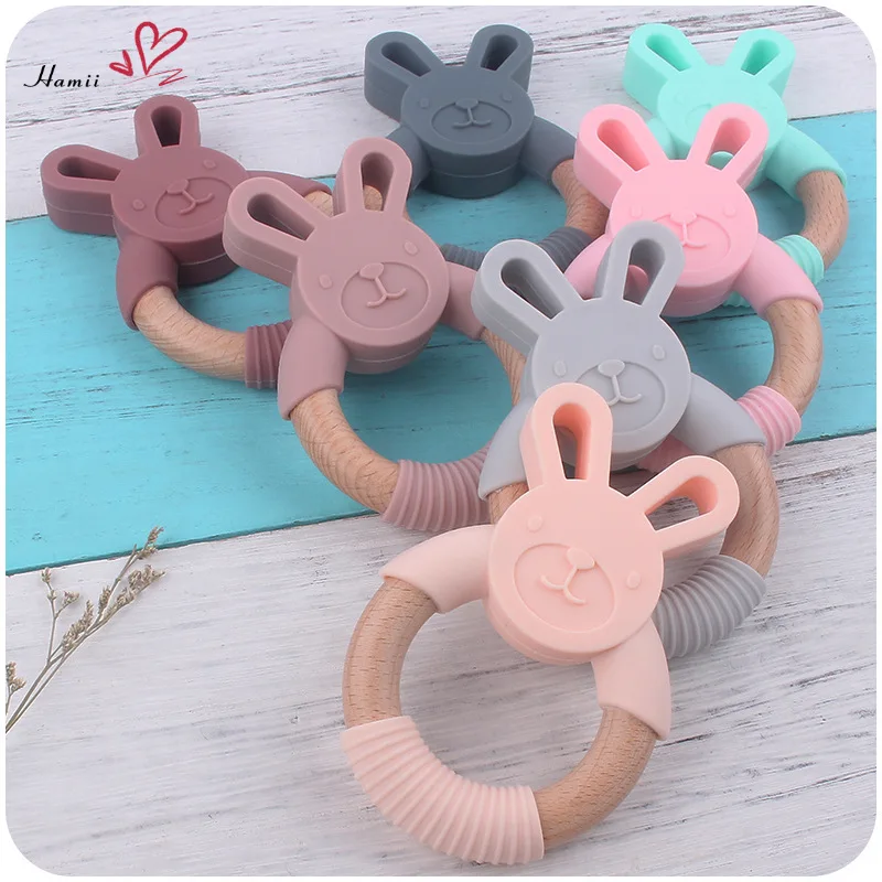 

Детский силиконовый Прорезыватель для зубов, мультяшный кролик, деревянное кольцо, не содержит Бисфенол А, жевательная погремушка, Детские Прорезыватели для зубов, молярные игрушки, аксессуары для ухода