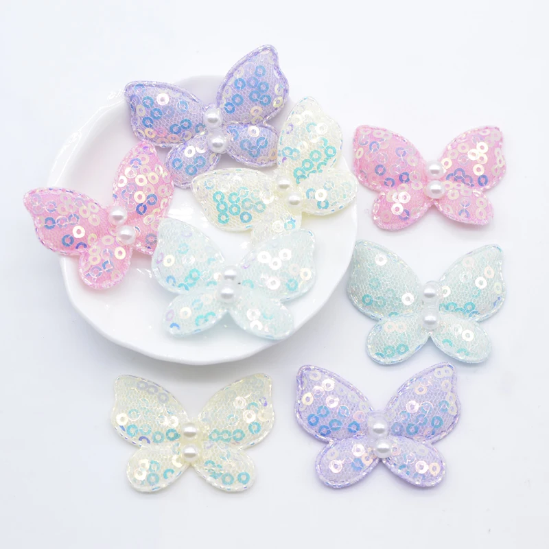 

10Pcs 40*32mm Sequins Butterfly Embellishment with Pearl for Clothes Hat Sewing Patches Headwear Hair Clips Decor Accessories