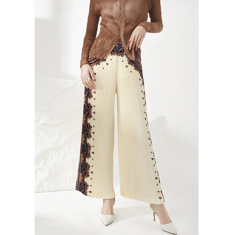 Miyake pleated wide leg pants women's trousers high waist retro print new loose all-match casual pants