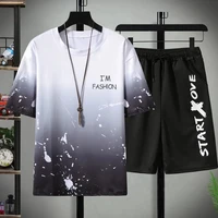 sports suit mens2022summer new korean style fashionable casual youth handsome sweater printed black shorts