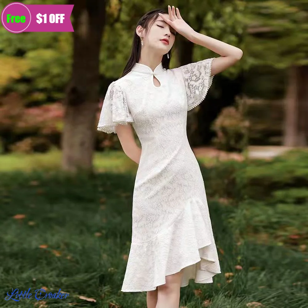 

2022 White Lace Puff Sleeve Party Casual Qipao Dress Modern Traditional Chinese Clothing Vintage Improved Cheongsam for Women