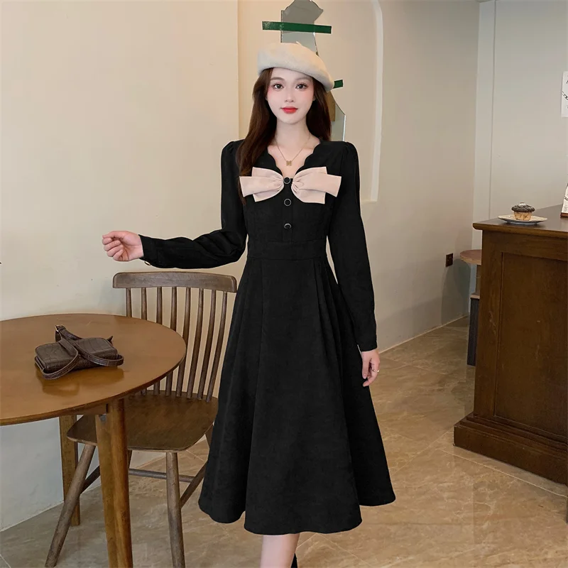 

Vintage Women Maxi Dress Spring Autumn Fashion New Basics A-line Solid V-Neck Bow Long Sleeve Dresses Femme L-3XL