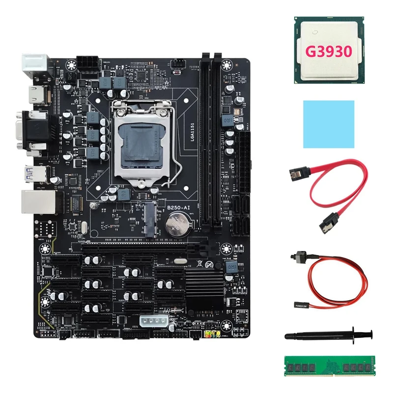 

HOT-B250 V2.1 ETH Miner Motherboard 12PCIE+G3930 CPU+DDR4 4GB RAM+SATA Cable+Switch Cable+Thermal Grease+Thermal Pad