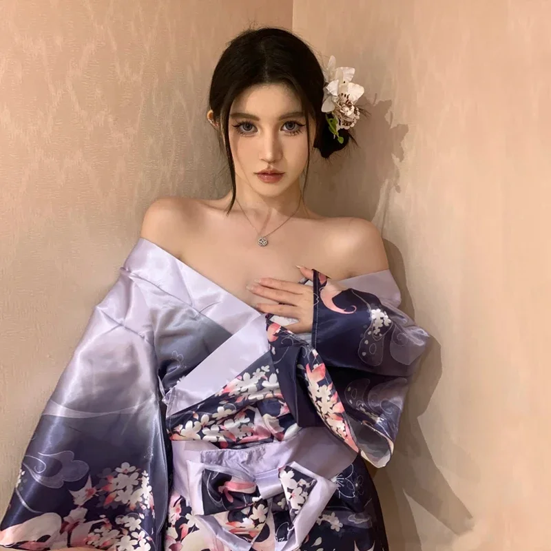 Супер сексуальное фиолетовое японское кимоно пижама халат юката кардиган нижнее