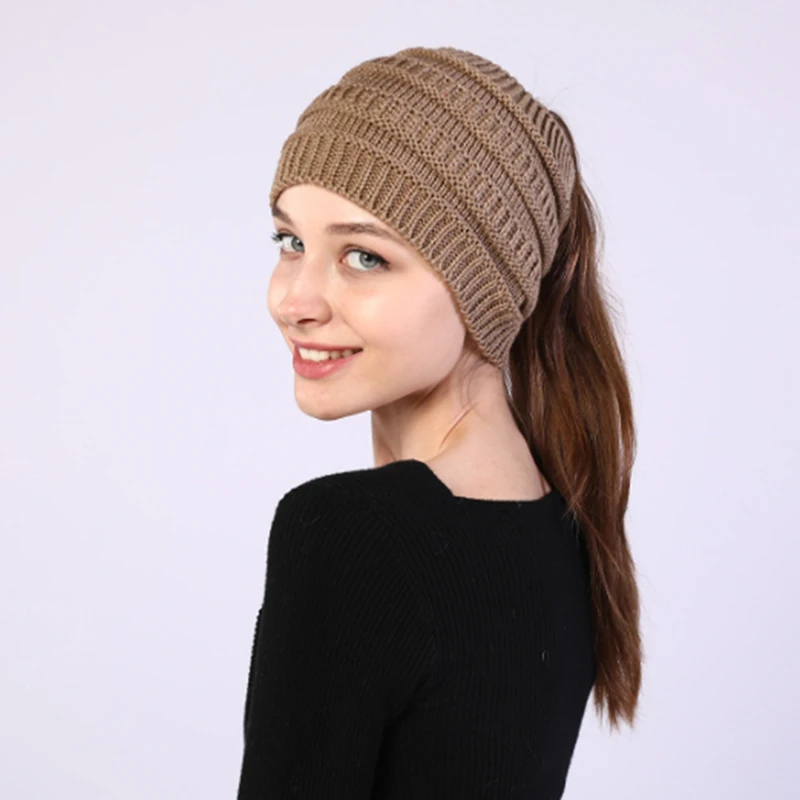 

Autumn Winter Ponytail Beanie Hat Women Stretch Knitted Crochet Beanies Cap Winter Hats Cap For Women Warm Lady