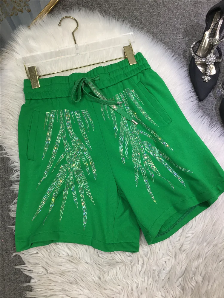 Blingbling  Hot Drilling Women Green Shorts 2023 New Summer Fashion Loose Wide Leg Pants Elastic Waist All-match Sports Shorts