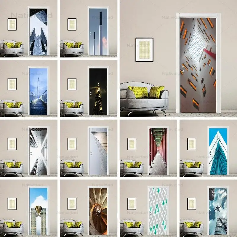 

3D Pvc Door Sticker Modern Corridor Buildings Space Tunnel Self Adhesive Wallpapers for Bedroom and Living Room Decoration