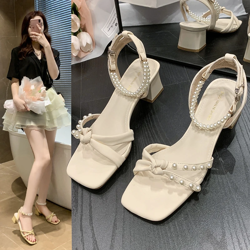 

Square Toe Buckle Strap Pearl Sandals Block Heels Comfort Shoes for Women 2022 Summer Suit Female Beige Chunky New Low Clear Gir