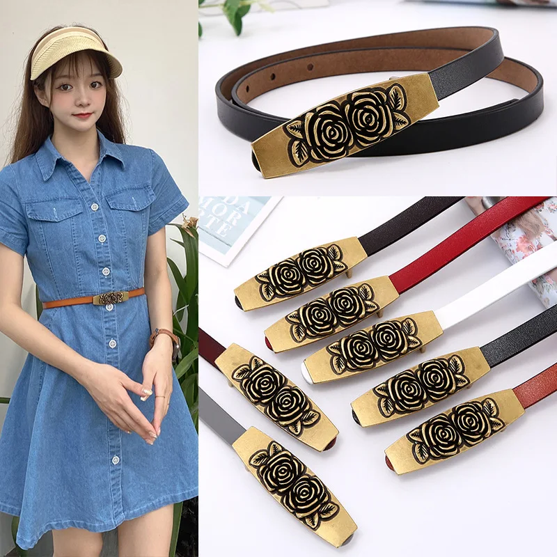 New Women's Leather Retro Belt Alloy Camellia Flower Buckle Fashion Ins Style Dress Decoration Luxury Thin Belt