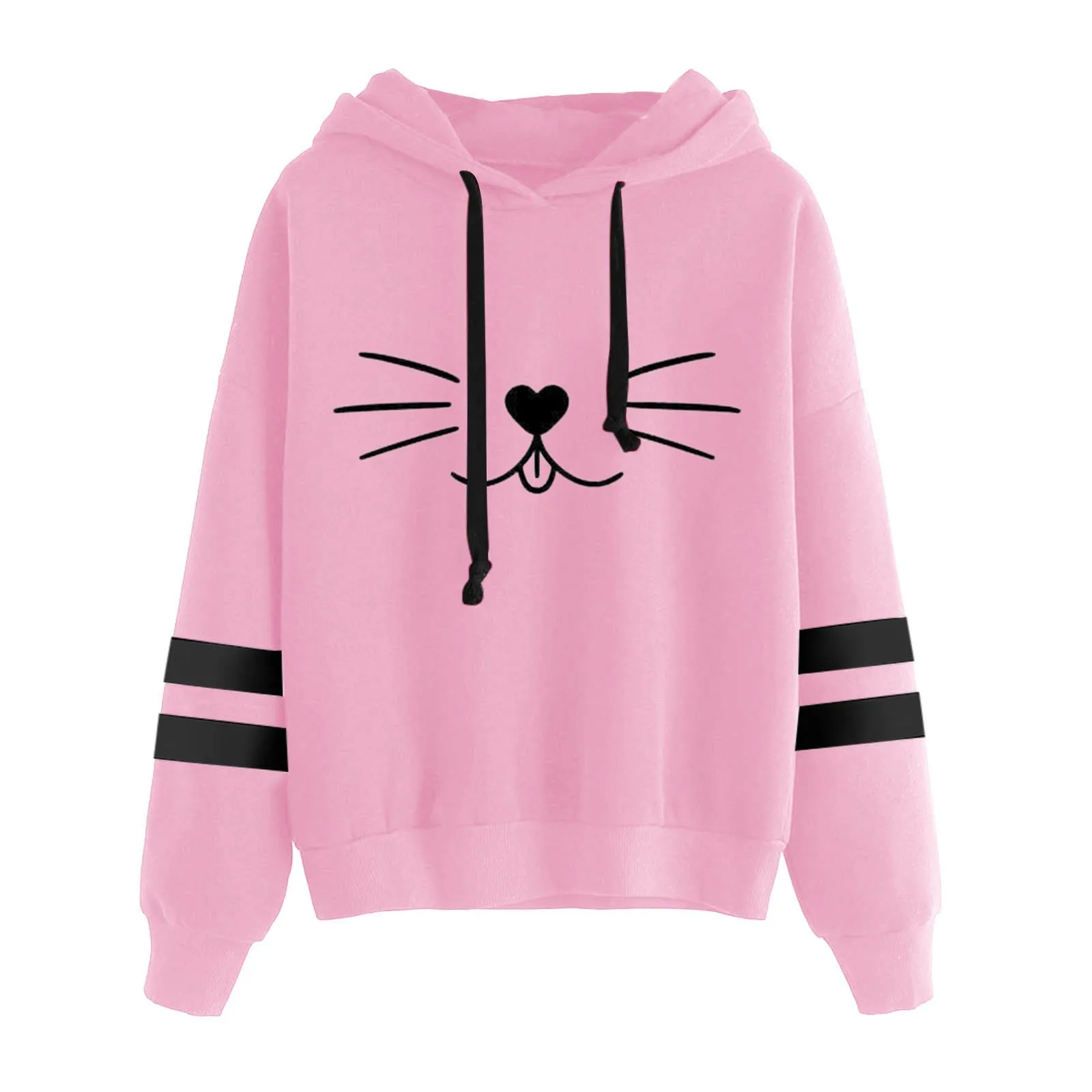 

Women Sweatshirts Stripe Long Sleeves Kawaii Printing Hooded Sweatershirt Drawstring Oversize Hoodies Tops Streetwear Clothing