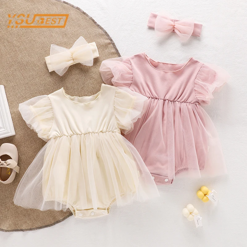 

Summer Infant Baby Girls Clothes Toddler Baby Rompers Children Sweet Baby Girls Short Sleeve Pure Color Rompers Clothes
