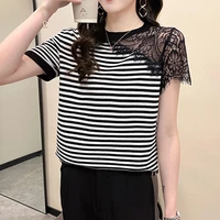 knitted short sleeved t shirt womens summer 2021 new korean version loose all match lace stitching bottoming shirt top