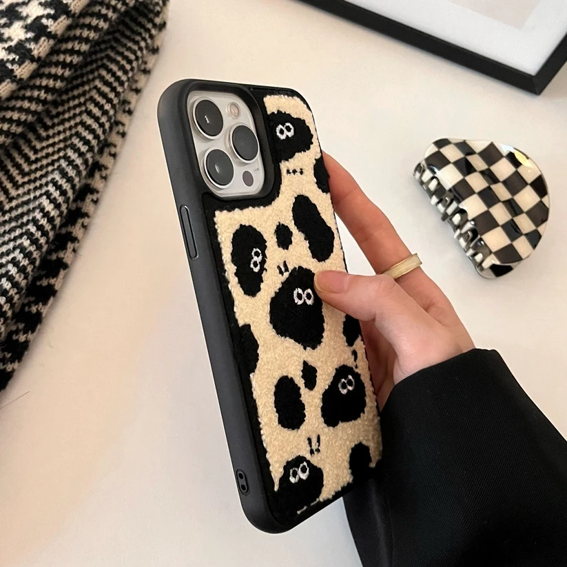 New Embroidery Sun Flower Phone Cover For iPhone 11 12 13 14 Pro Max Xr X Xs 14Plus Winter Aesthetic Fuzzy Plush Shockproof Case images - 6