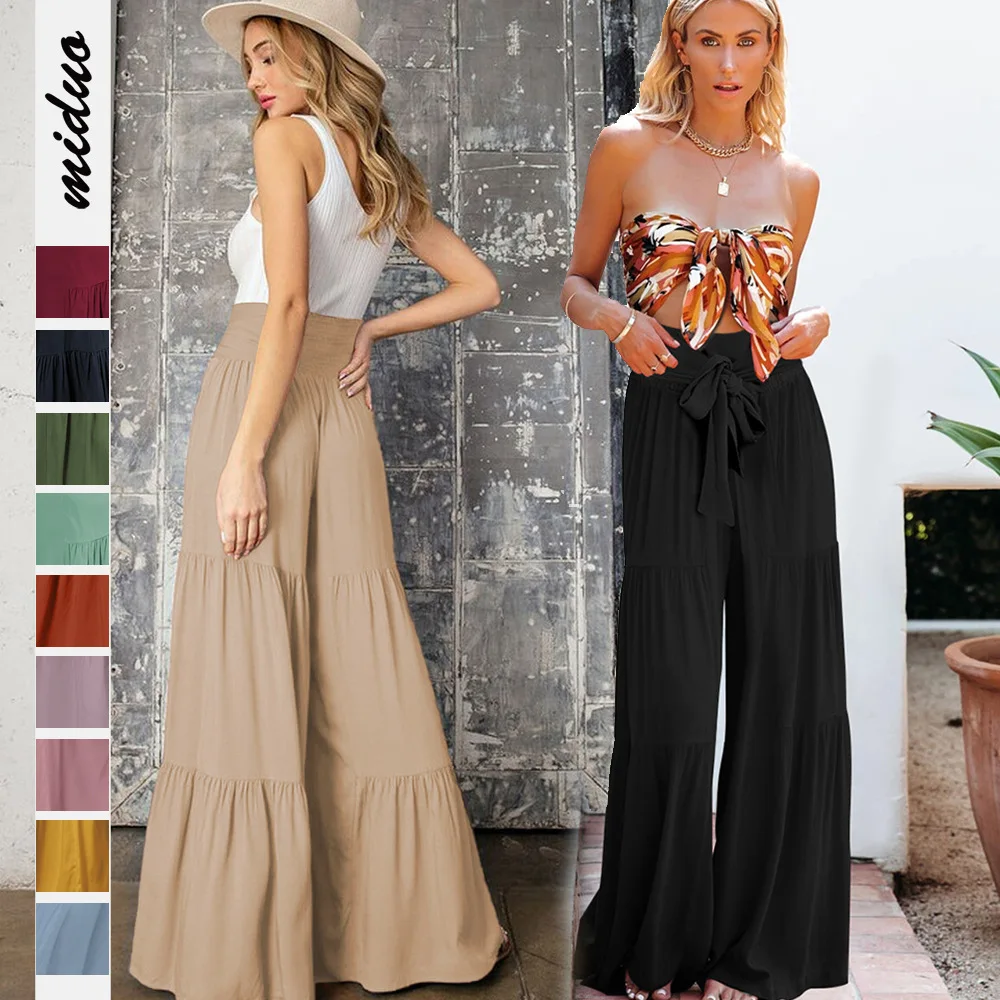 

Women Pants Fashion Lace Up Elastic Waist Pleated Wide Leg Pants Casual Loose Pants Women Clothes