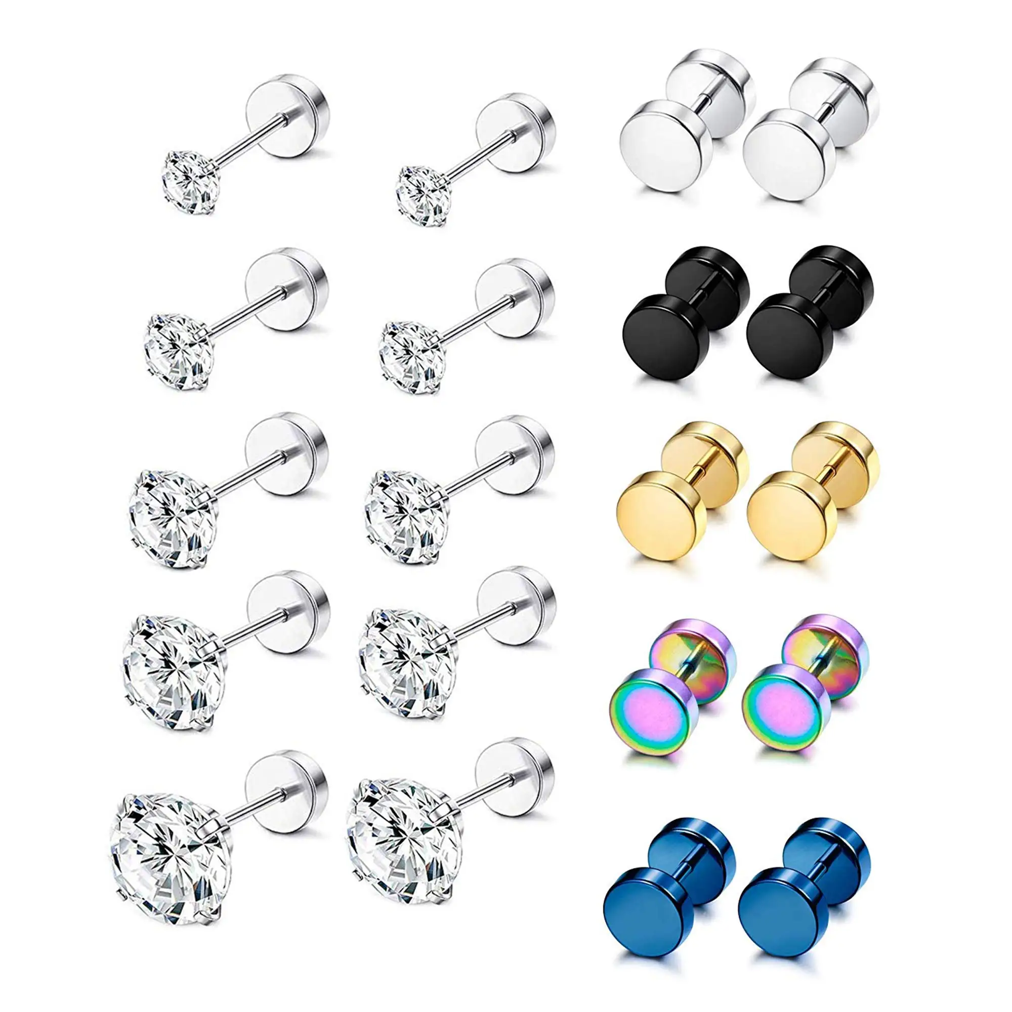 10 Pairs Screw Stud Earrings Flat Back Black Earrings for Men Mix Color Helix Cartilage Barbell Earrings Plugs Tunnel Punk