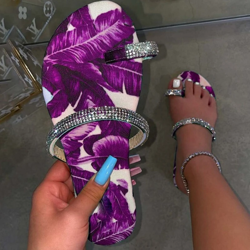 Женские шлепанцы с принтом Летние повседневные на плоской подошве кристаллами