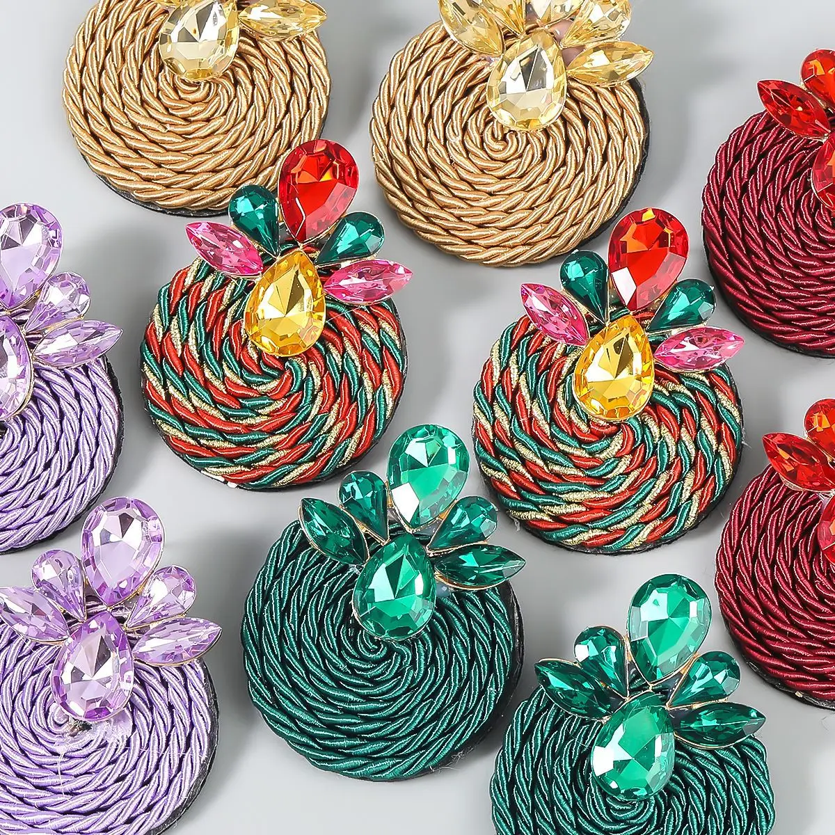 

Fashion Ethnic Style Cotton Cord Weave Round Ear Accessories Vintage Sparkly Crystal Dangle Earrings for Women Luxury Jewelry