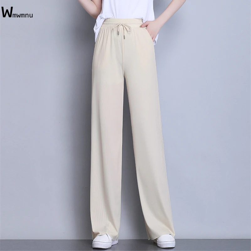 

Summer Ovesized Straight Leg Trousers Korean Solid Loose Pants Female Casual Elastic High Waist Knitted Wide Leg Pants Women