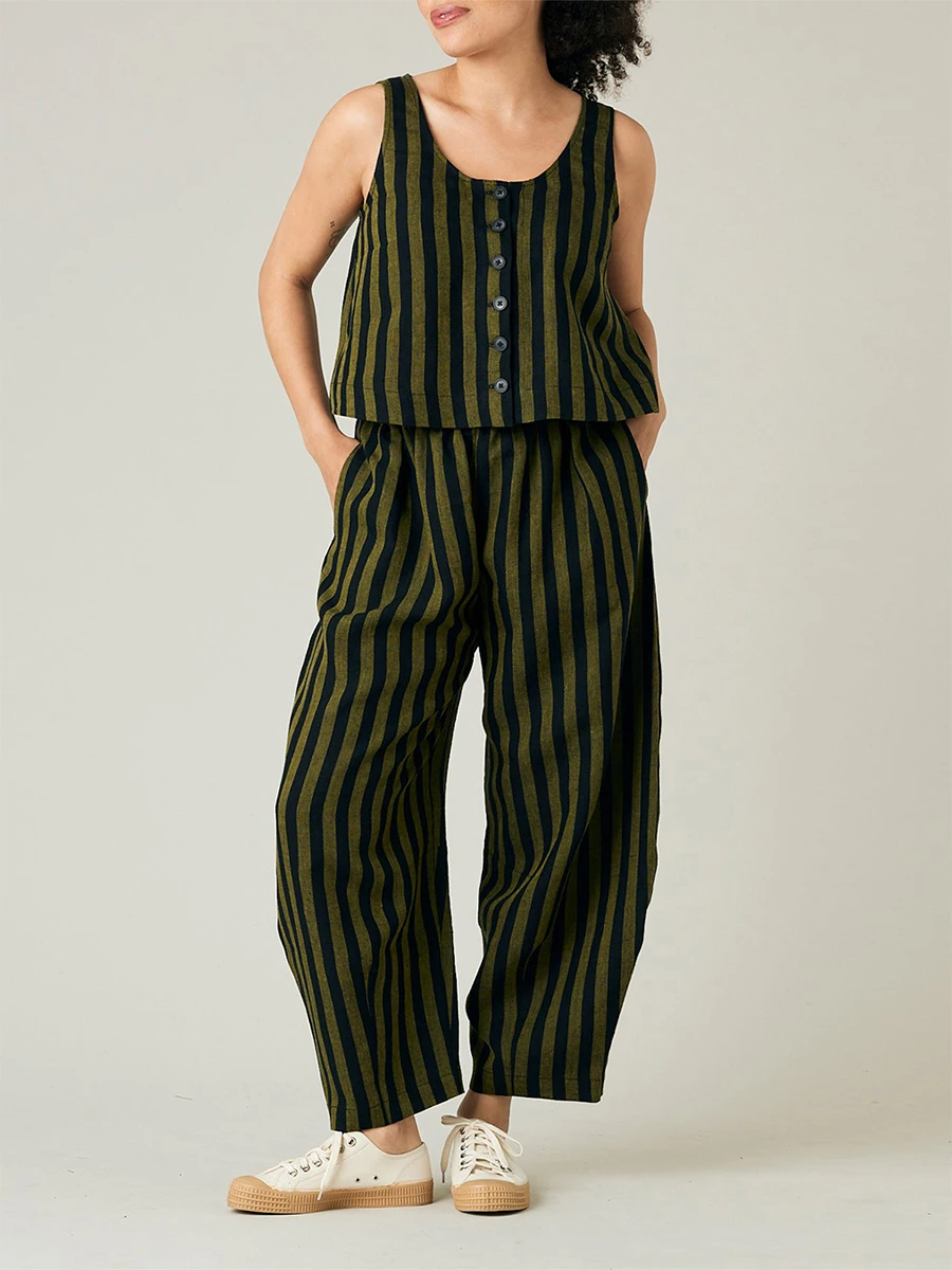 Женская летняя блузка без рукавов с глубоким круглым вырезом свободные брюки