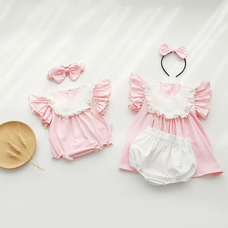 

Summer Baby Girls Clothes Rompers Kids Baby Girl Rompers Infant Kids Baby Girls Sleeveless Sister Suits Pure Color Rompers