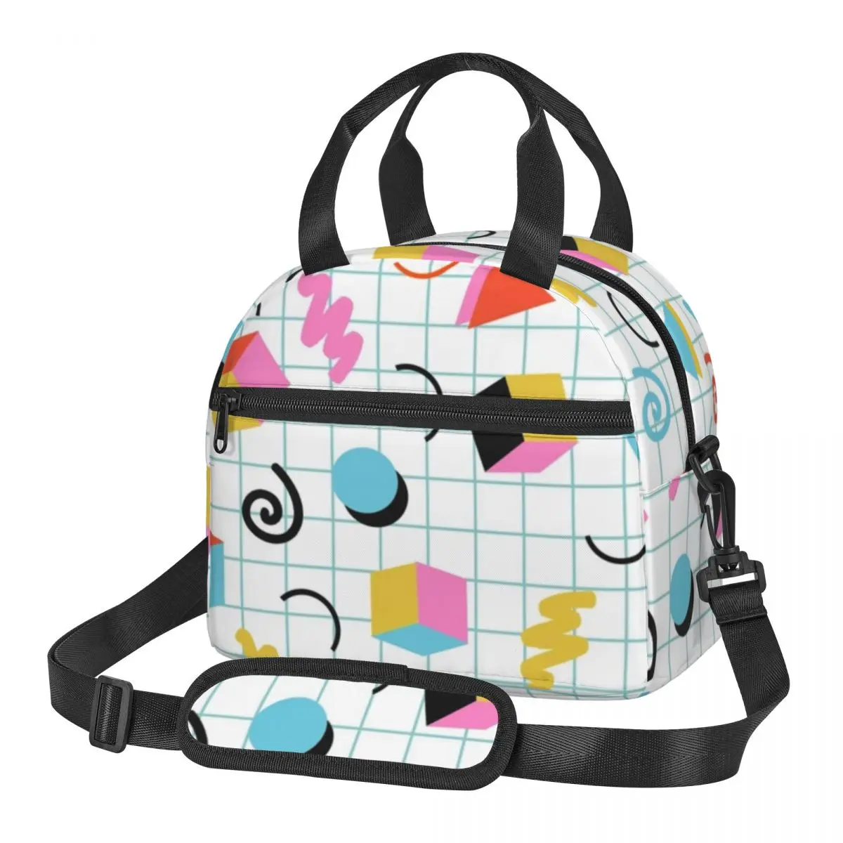 

Memphis Pattern 80s Lunch Bag with Handle Retro Minimal Geometric Cooling Cooler Bag Work Portable Pearl Cotton Thermal Bag