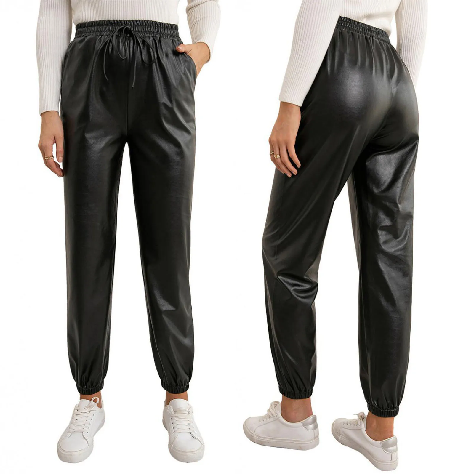 

Women Leather Drawstrings Pants Side Pockets Solid Color Slimming Jogger Casual Party Street Pants