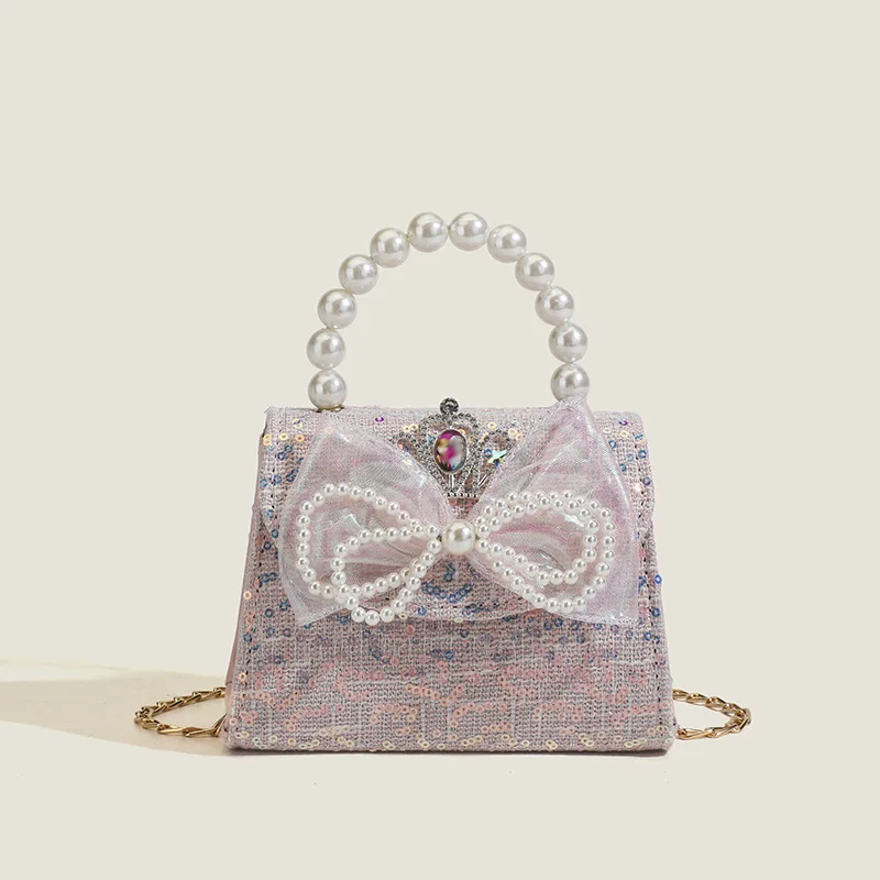 

YIYI Children Pearl Handle Handheld Bag Princess Cartoon Diamond Crown Handbag Girls Cute Bow Crossbody Bag Sequin Bead Design