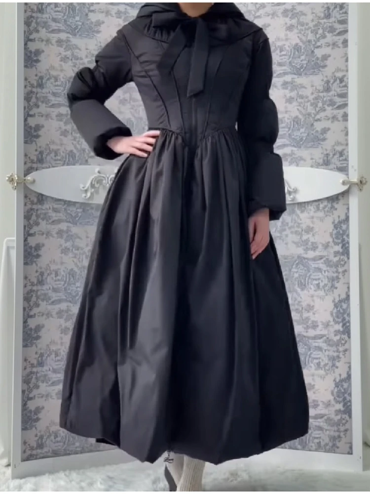 Фото Женское шикарное однотонное платье макси-пуховик Slim Fit S Line с большим подолом, теплые длинные халаты, пальто 2026, новый наряд, женская уличная верхняя одежда №1