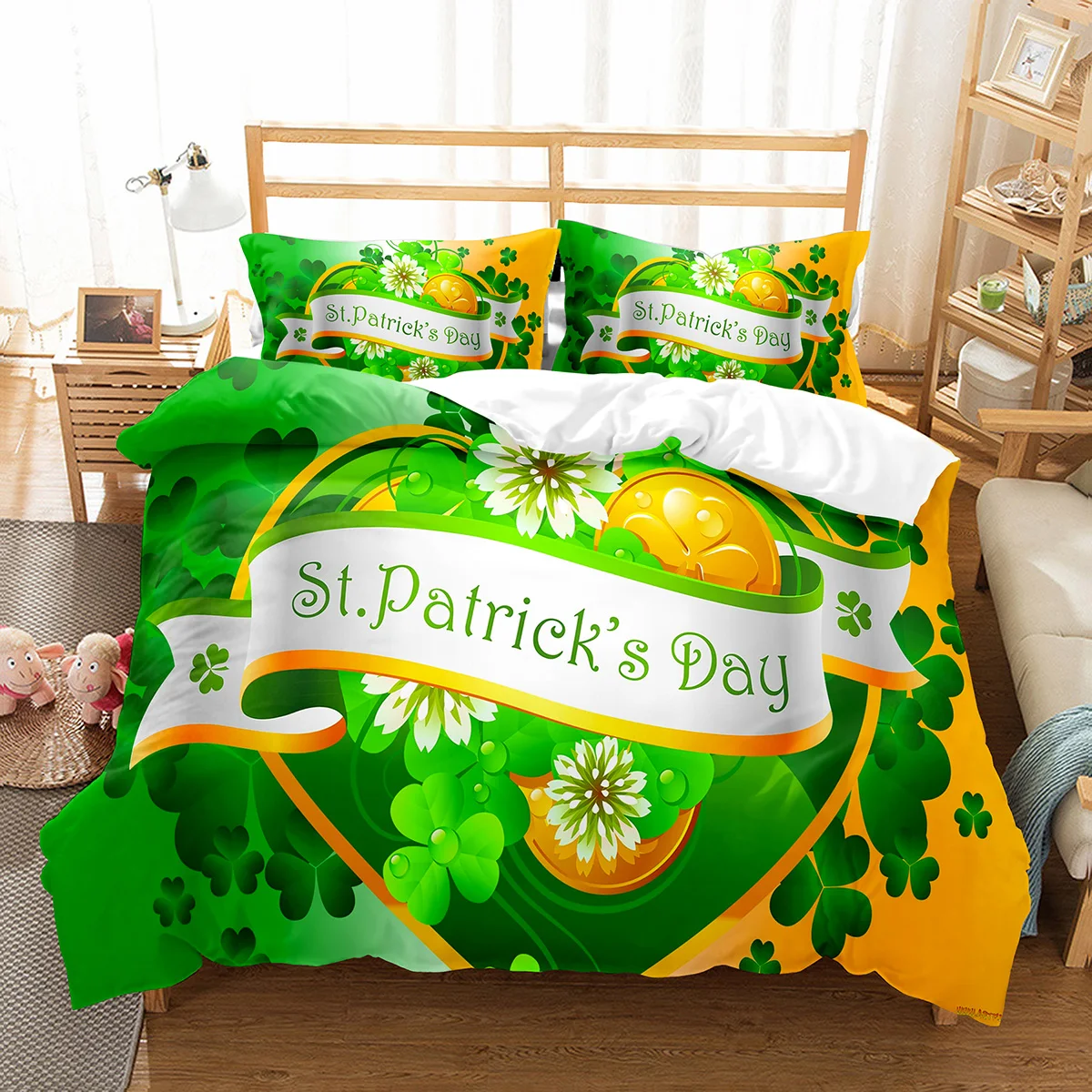 

Happy St Patrick's Day Duvet Cover Set Plant Clover Bedding Set Green Lucky Leaf Quilt Cover Botanical Leaves Bedspread Cover