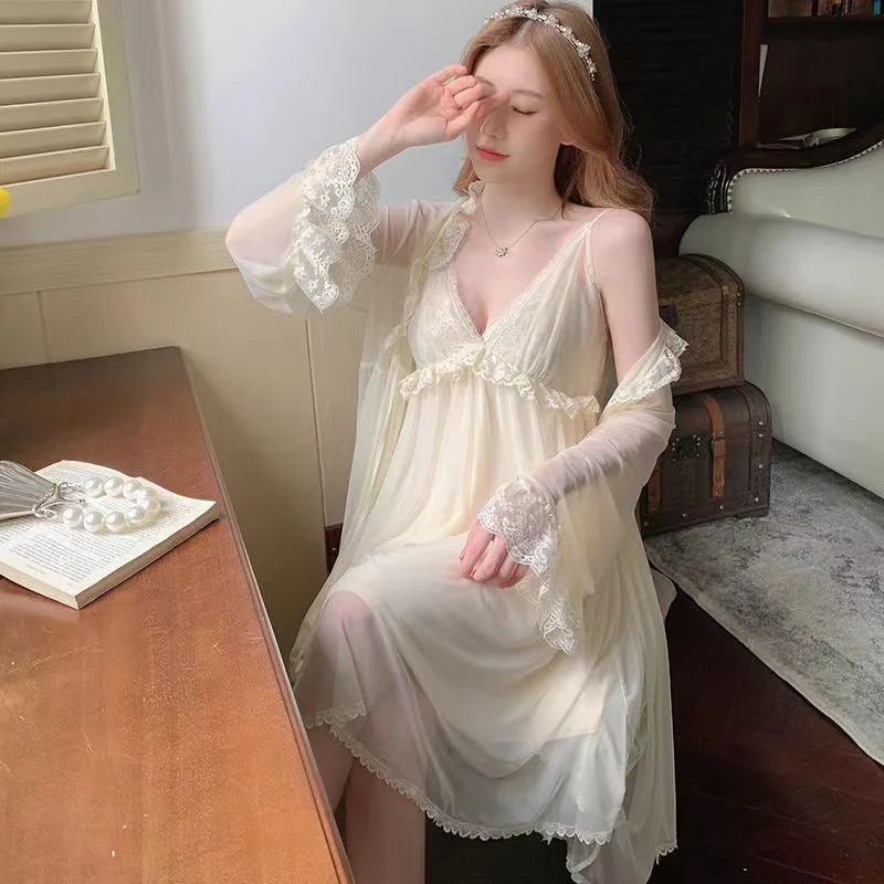 Pajamas Robe Apricot Mesh 2 Piece Set Women Spring Autumn Sleepwear Sexy Lingerie Lace V-Neck Strap Nightgown Retro Home Dress