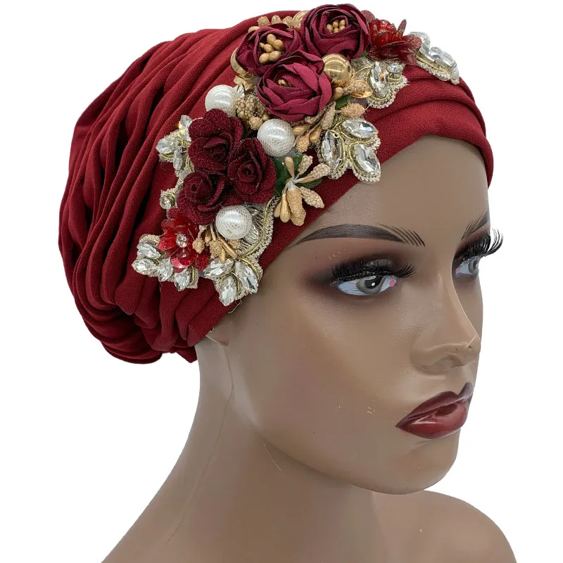 Glitter Rhinestone Flower Full Body Pleated Turban Cap Muslim Women's Head Wrap Bonnet Female Party Headpiece Turbante Hat